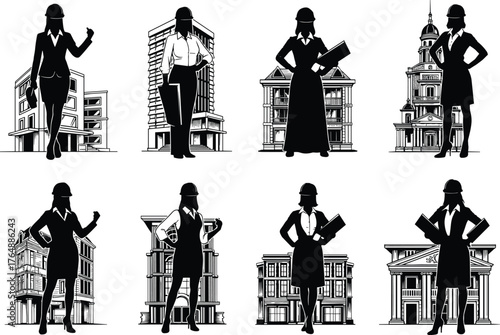 Female architects standing confidently in front of buildings, construction and architecture concept, professional women engineers with blueprints, urban development, vector illustration design