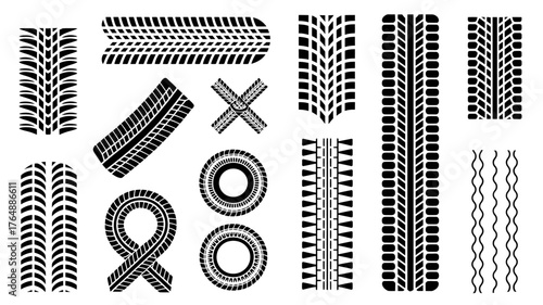 Diverse Tire Tracks and Wheel Prints Isolated on White Background Vector Set for Automotive and Transportation Concepts