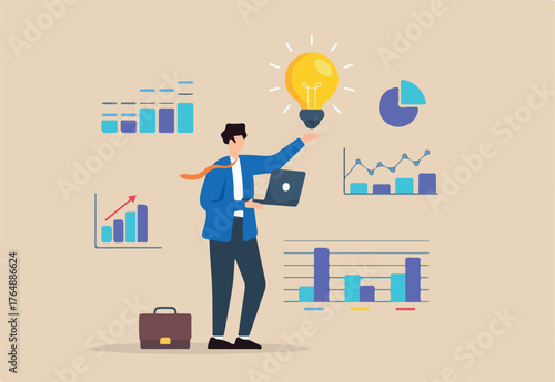 Flat illustration of businessman hold laptop analyzes data with lightbulb extracting insights for marketing research