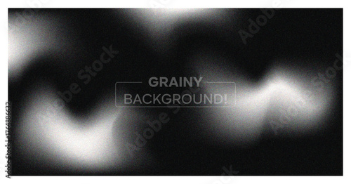 Abstract grainy background. Dark monochrome banner with blur, noise texture, and soft white wavy light effect. Modern vector backdrop.