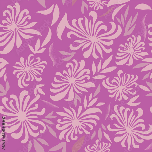 Floral pattern with leaves. Flower seamless wallpaper. Festive pink background