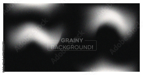 Abstract grainy background. Dark monochrome banner with blur, noise texture, and soft white wavy light effect. Modern vector backdrop.