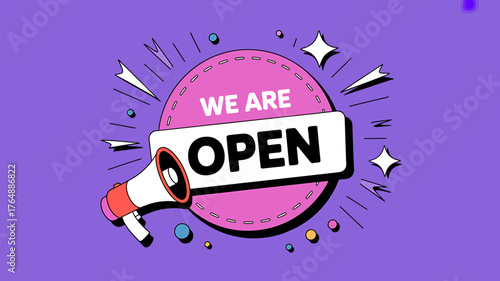 We Are Open Announcement with Megaphone and Graphic Elements on Purple Background to Promote Business and Welcome Customers
