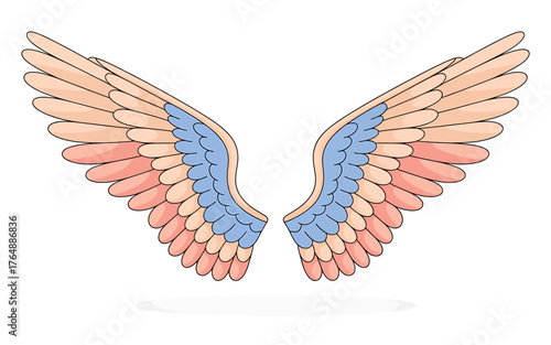 Detailed Illustration of Pastel Angel Wings with Pink and Blue Feathers Isolated on White Background for Creative Projects