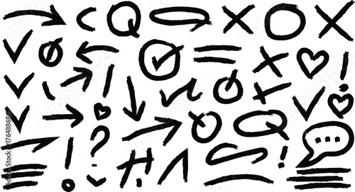 Collection of hand drawn black sketch symbols and icons including arrows checkmarks crosses hearts question marks exclamation points and speech bubble isolated on transparent background