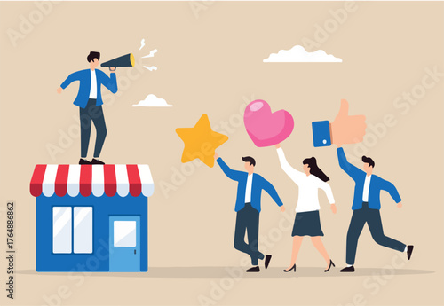 Flat illustration of store owner with megaphone speaks to loyal customers positive feedback brand engagement increase sale marketing strategy