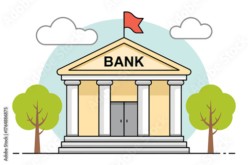Cartoon Style Bank Building with Trees and Clouds Illustrative Icon for Financial Services and Economic Stability with a Red Flag