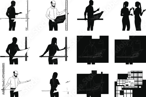six different style illustration and white background featuring architect silhouettes, men and women working on blueprints, design planning, creative architecture, engineering and drafting concept
