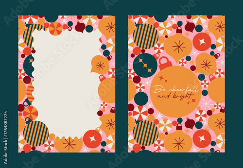 colorful Christmas ornament pattern with festive geometric shapes and cheerful holiday design card frame