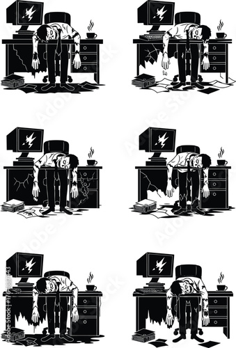 Zombie office worker silhouette illustration, undead employee leaning over desk with broken computer, burnout, exhaustion, and dark workplace humor vector art design