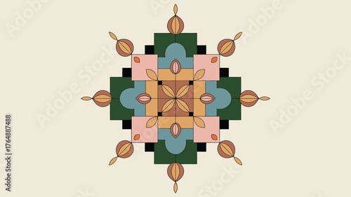 Geometric pattern with squares circles and petal like shapes in muted colors on a cream background