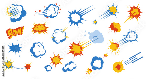 Dynamic comic book explosions and clouds splash in blue yellow red