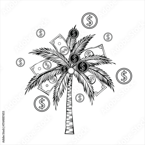 Detailed black and white line illustration of a palm tree growing cash and dollar coins, symbolizing financial abundance.