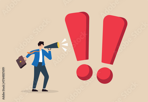 Flat illustration of businessman shout on megaphone with big exclamation mark warning of danger important message emergency loudspeaker attention safety urgency scream