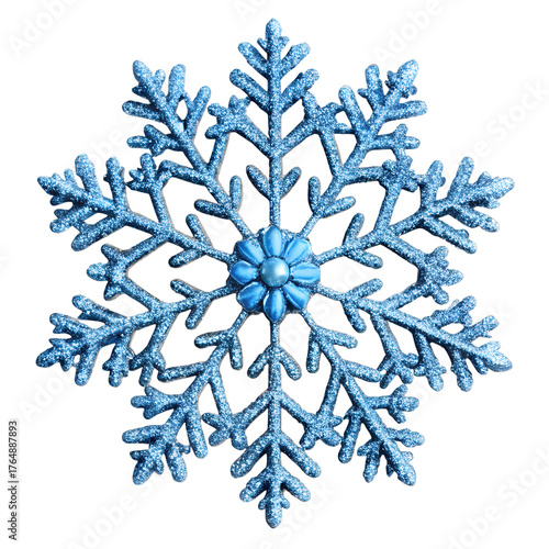 Glittering blue snowflake ornament isolated on transparent background