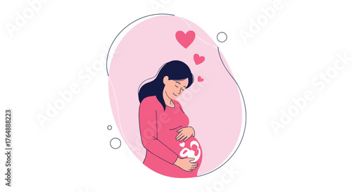 Pregnant woman lovingly embraces her baby bump with hearts floating above.