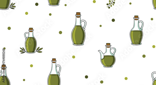 Olive oil bottles pattern on white background seamless design.