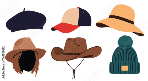 Variety of Hats: Beret Baseball Cap Sun Hat Cowboy Hat Beanie.