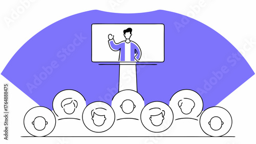 A motivational speaker giving a presentation in a virtual auditorium with avatars in the audience reacting with applause and emojis highlighting online events and inspirational