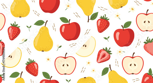 Colorful fruit pattern with apples pears and strawberries.