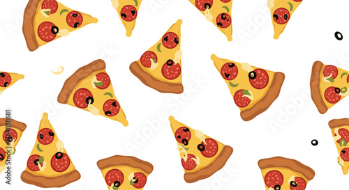 Pizza slices pattern on white background for food design.