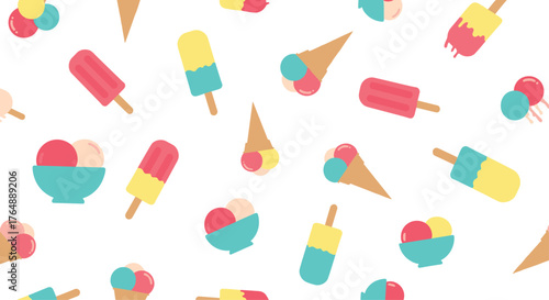 Colorful Ice Cream Cones and Popsicles Seamless Pattern.
