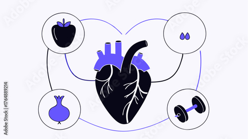 An abstract representation of a human heart with connected wires illustrating cardiovascular health surrounded by symbols for fitness and nutrition.
