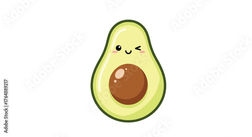 Cute avocado character winking and smiling healthy food concept.