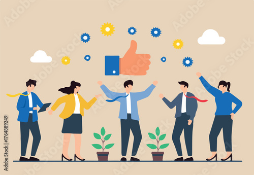 Flat illustration of people giving thumbs-up to colleague for outstanding teamwork and collaboration