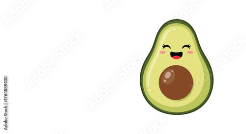 Cute avocado smiling with a happy face on white background.
