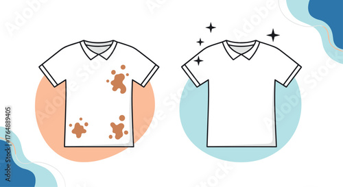 Clean and dirty white t shirt comparison stain removal concept.