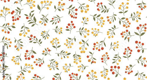 Floral pattern with colorful berries and leaves on white background.