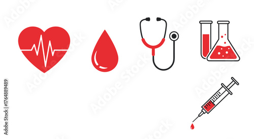Medical healthcare and blood analysis concept with heart and syringe.