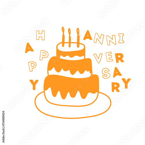 Minimal Orange Anniversary Cake Illustration with Happy Lettering Design