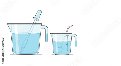 Measuring Cups with Liquid and Dropper for Science Experiments.