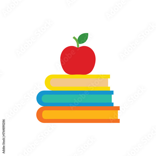 Colorful books with a red apple on top vector art illustration