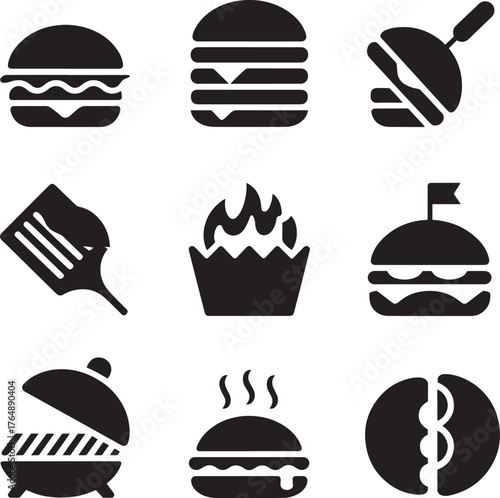 Black icons depicting burgers grilling and serving utensils hamburger spatula