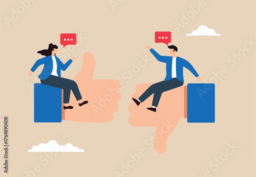 Flat illustration of people give feedback with thumbs up and down sharing opinions on social media	