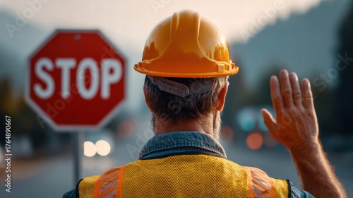 A construction worker with a stop sign and hand signal, on a roadside.