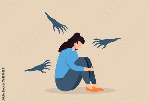 Flat illustration of depressed woman sit alone with abusive shadowy hand symbolizing harassment and fear