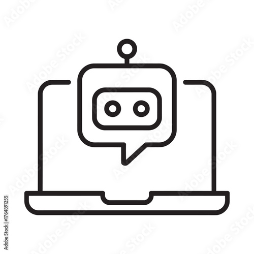 Chatbot on Laptop Computer Screen Online Communication Concept Outline Icon, vector illustration 