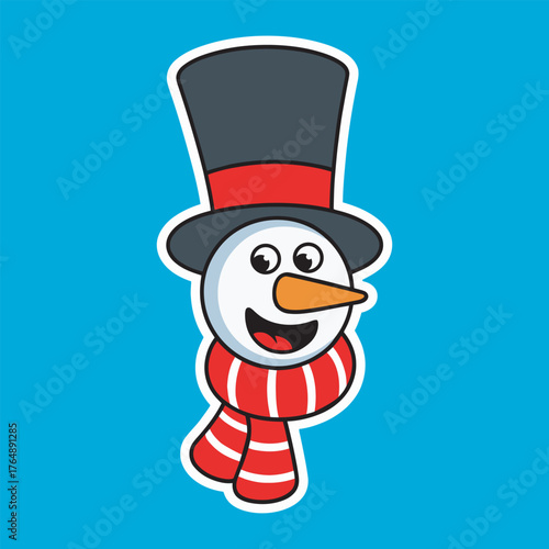 Cheerful Cartoon Snowman with Top Hat and Striped Scarf Illustration, vector