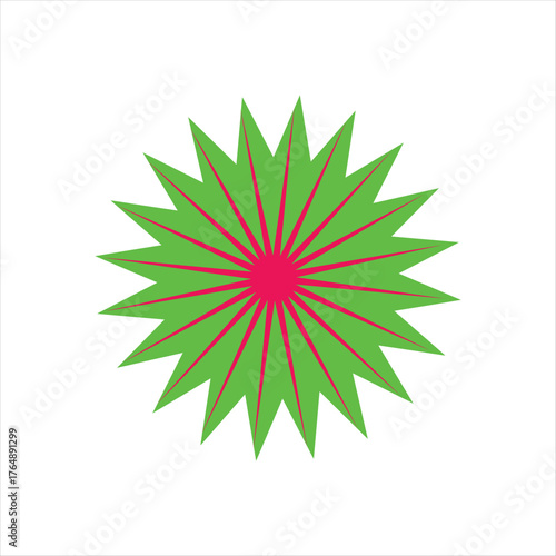 Illustration of green spiky star with a red center, vibrant design