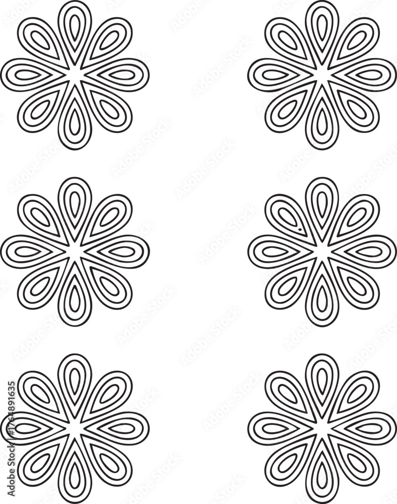 Obraz premium Six black outlined floral shapes on white background