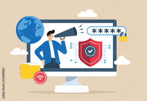 Flat illustration of man developing cybersecurity awareness campaigns and promoting security practices	