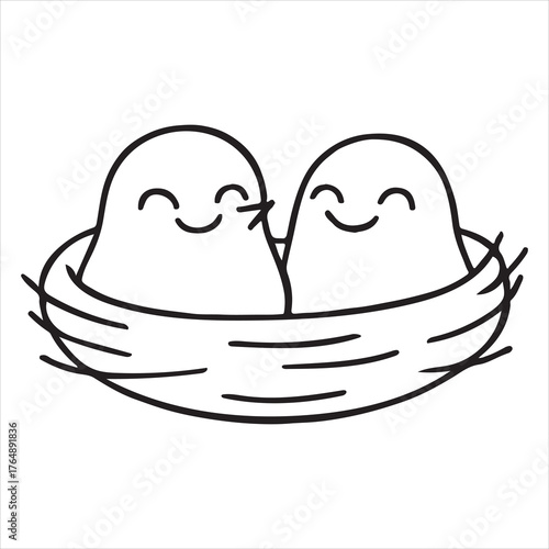 Cute bird nestling duo smiling together silhouette on vector white background