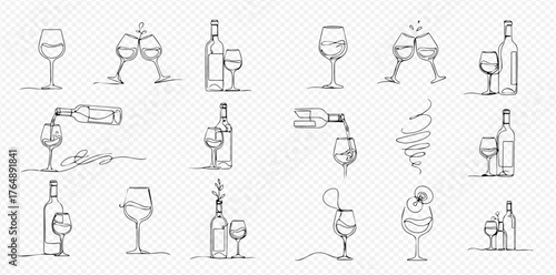 Continuous line art illustrations of wine glasses, bottles, and pouring, depicting various wine-related scenes and celebrations.