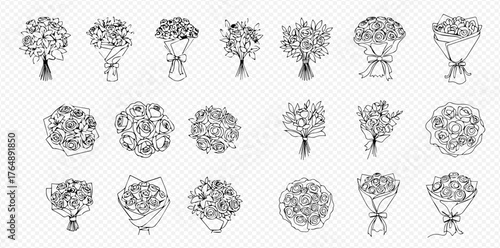 Collection of various hand-drawn flower bouquets in line art style, featuring different arrangements and wrapping.