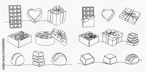 Continuous line art drawing of various chocolate treats, gift boxes, and heart shapes, featuring bars, pralines, and truffles in a minimalist style.