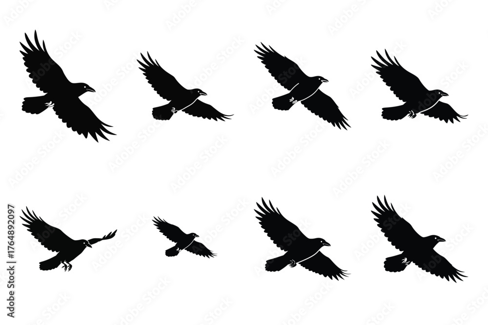 Obraz premium crow flying minimal silhouette vector icon set. animal icon set.
